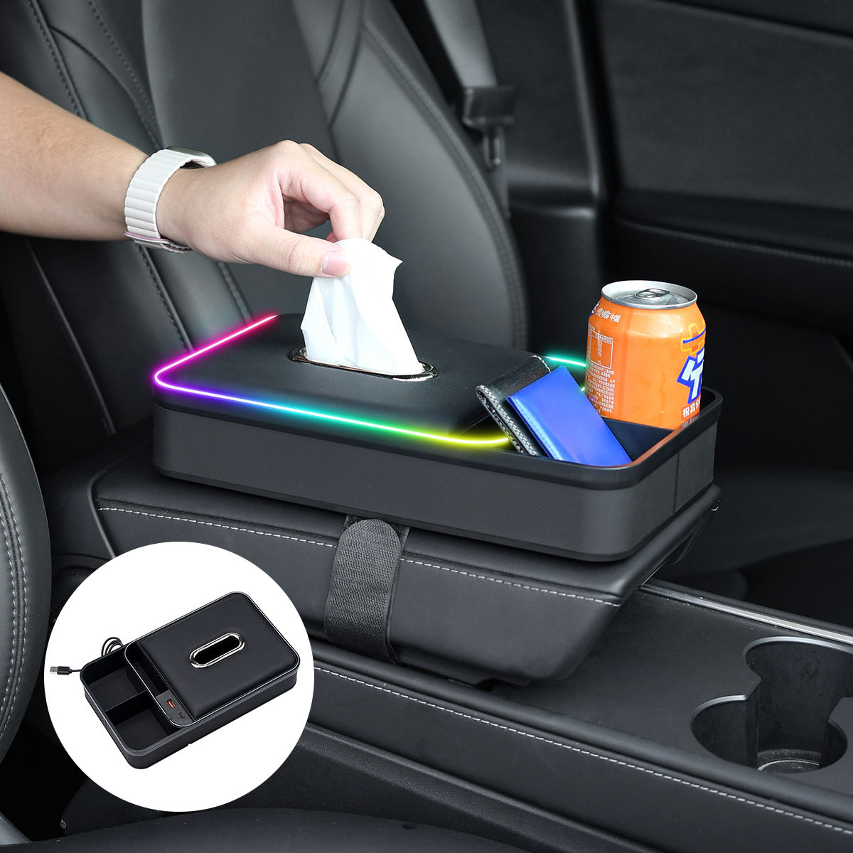 LED Car Armrests Organizer Box Car Armrest Storage Box Holder Charger Car Accessories with RGB Charging Ports LED Lights